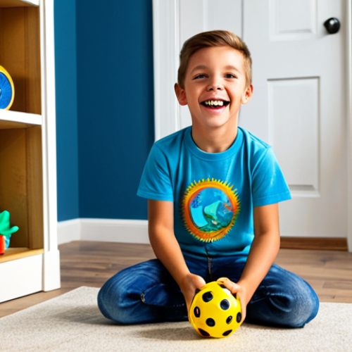Home 19 A young boy, fully clothed in a modest t-shirt and jeans, kneeling excitedly on the floor of his sunlit bedroom, carefully holding a highly sought-after, limited edition Dino Mecard toy. The toy box is visible, indicating its special nature. The room is tidy with shelves of other well-organized toys in the background, conveying a sense of collection and passion. The boy's expression shows pure joy and a sense of accomplishment. safe for work, appropriate content, fully clothed, family-friendly, professional, perfect anatomy, correct proportions, natural pose, well-formed hands, proper finger count, natural body proportions, high-quality professional photography, vibrant colors, soft natural light.