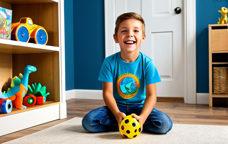A young boy, fully clothed in a modest t-shirt and jeans, kneeling excitedly on the floor of his sunlit bedroom, carefully holding a highly sought-after, limited edition Dino Mecard toy. The toy box is visible, indicating its special nature. The room is tidy with shelves of other well-organized toys in the background, conveying a sense of collection and passion. The boy's expression shows pure joy and a sense of accomplishment. safe for work, appropriate content, fully clothed, family-friendly, professional, perfect anatomy, correct proportions, natural pose, well-formed hands, proper finger count, natural body proportions, high-quality professional photography, vibrant colors, soft natural light.