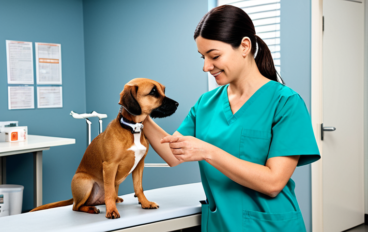 **

"A professional female veterinarian, fully clothed in scrubs, examining a small dog in a bright, clean veterinary clinic, appropriate attire, safe for work, perfect anatomy, natural proportions, professional photography, high quality, family-friendly, well-formed hands, proper finger count, natural body proportions, modest clothing."

**