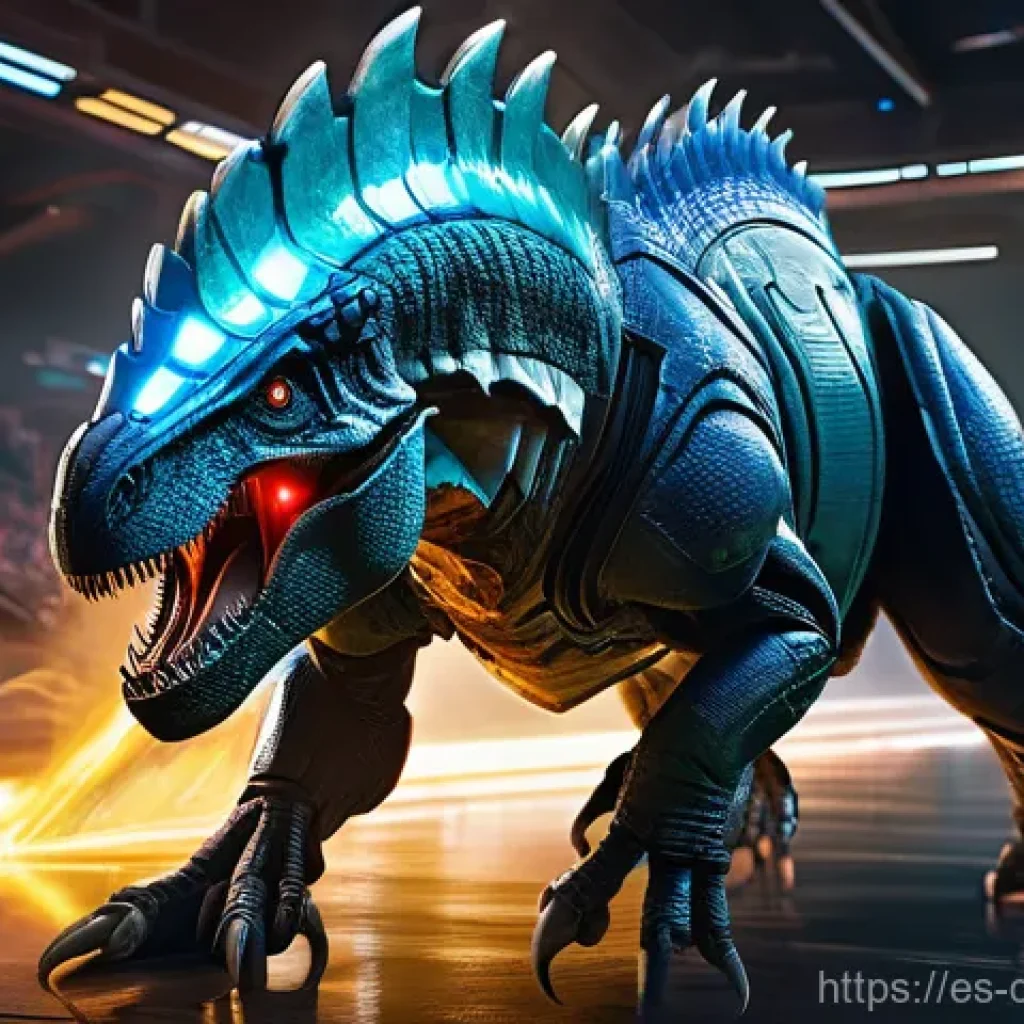 공룡메카드 게임화된 버전의 특징 - **Prompt:** A highly dynamic and visually stunning scene of a powerful "Dino Mecard" creature in mid...