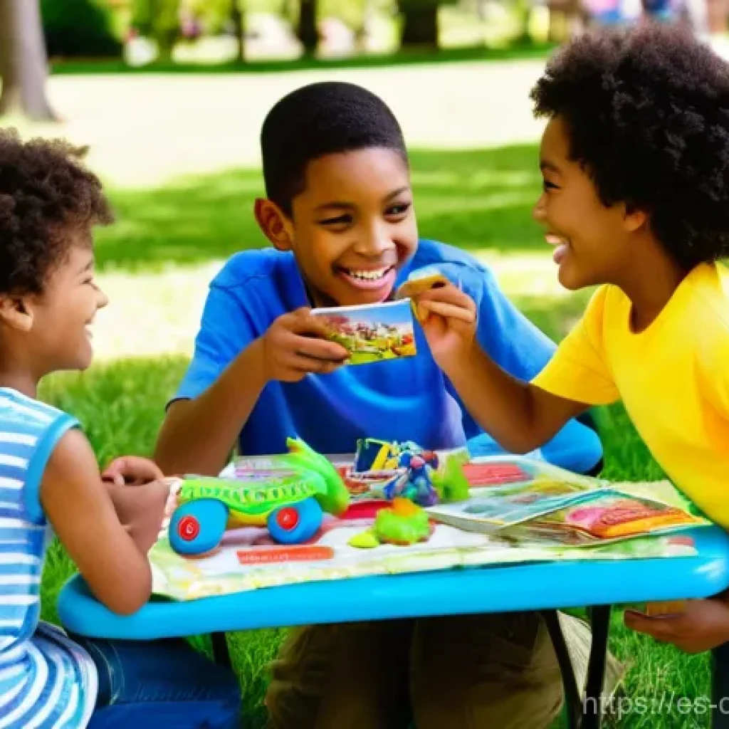 공룡메카드 팬덤 간 커뮤니티 활동 - **Prompt:** A vibrant scene featuring a diverse group of four children (approximately 8-12 years old...