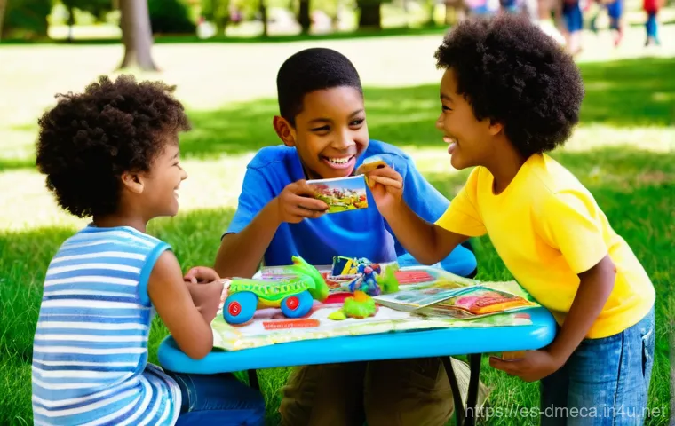 공룡메카드 팬덤 간 커뮤니티 활동 - **Prompt:** A vibrant scene featuring a diverse group of four children (approximately 8-12 years old...