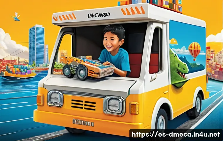 공룡메카드 유통 경로와 판매 채널 - **A Global Dino Mecard Journey:**
    "A vibrant, high-angle, composite illustration depicting the e...