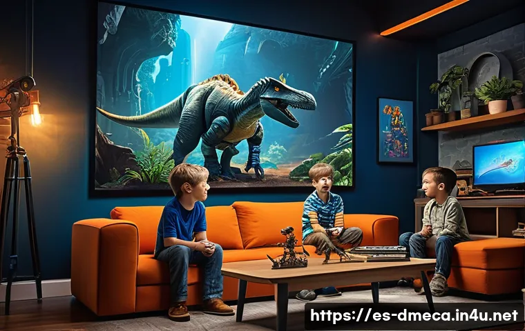 공룡메카드 방영 당시 시청률 - A dynamic scene depicting a group of children aged 6 to 12 enthusiastically watching a futuristic an...