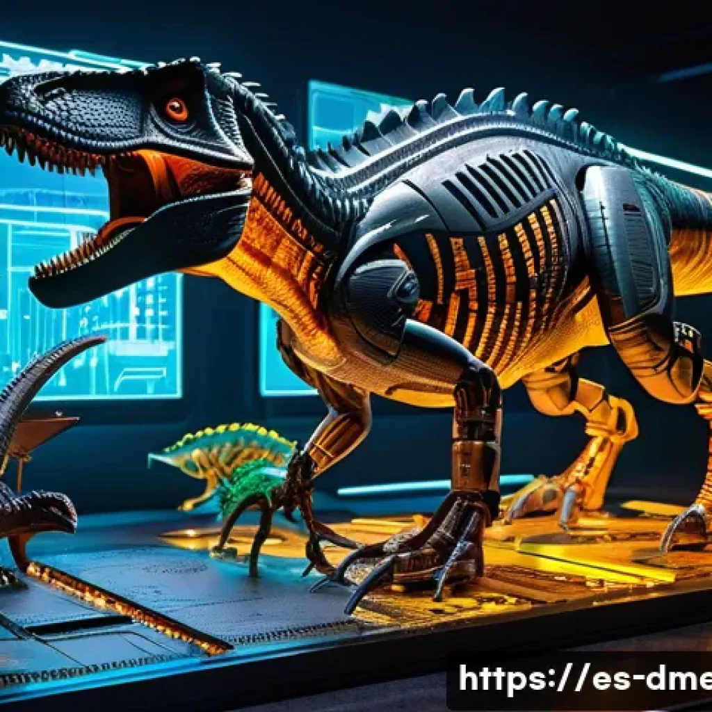 공룡메카드 관련 퀴즈 북 - A futuristic scene featuring highly detailed Dino Mecard figures, showcasing a Tyrannosaurus Rex and...
