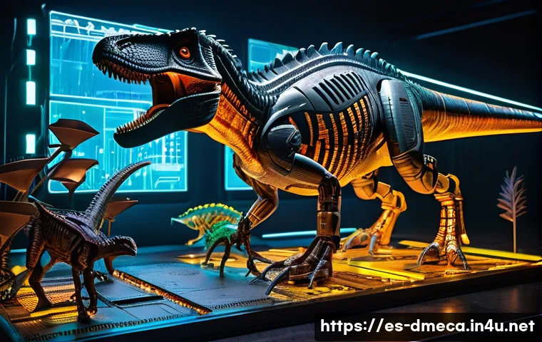 공룡메카드 관련 퀴즈 북 - A futuristic scene featuring highly detailed Dino Mecard figures, showcasing a Tyrannosaurus Rex and...