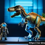 공룡메카드와 타 브랜드 협업 제품 - A highly detailed scene showcasing a collaboration toy set featuring advanced mechanical dinosaur fi...