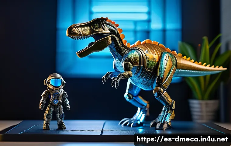 공룡메카드와 타 브랜드 협업 제품 - A highly detailed scene showcasing a collaboration toy set featuring advanced mechanical dinosaur fi...
