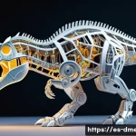 공룡메카드 제작 과정 다큐멘터리 - A highly detailed digital 3D model of a futuristic mechanical dinosaur toy, showcasing intricate joi...