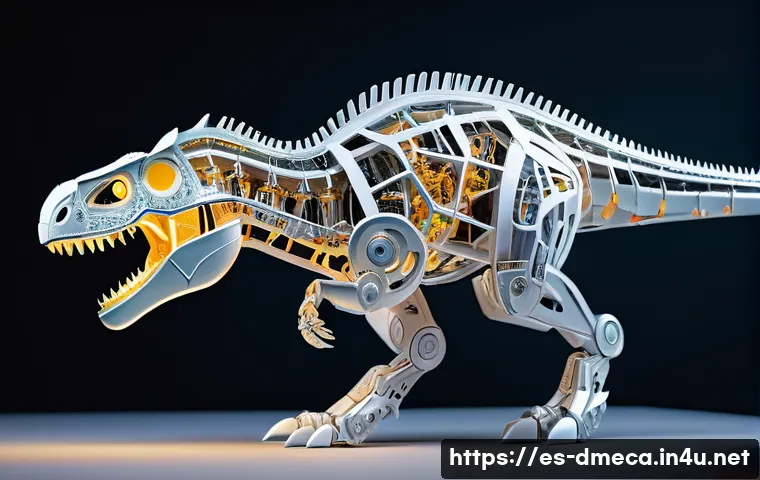 공룡메카드 제작 과정 다큐멘터리 - A highly detailed digital 3D model of a futuristic mechanical dinosaur toy, showcasing intricate joi...