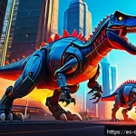 공룡메카드 시즌별 인기 공룡 분석 - A vibrant and dynamic scene featuring a group of Mecard dinosaurs in mid-transformation, showcasing ...