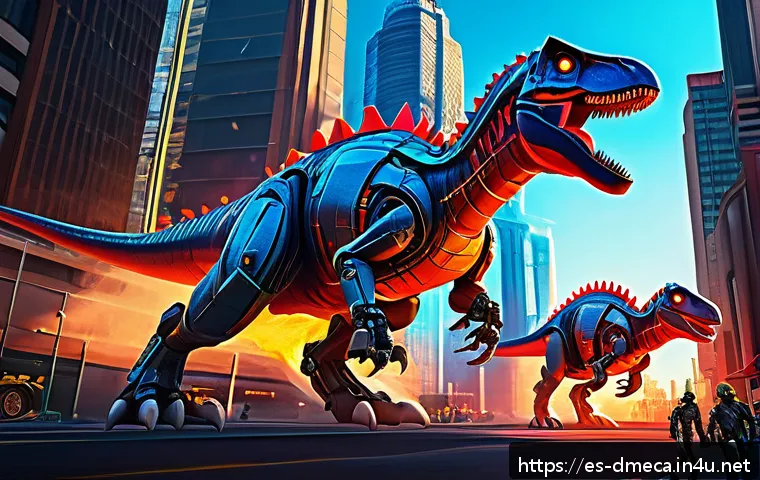 공룡메카드 시즌별 인기 공룡 분석 - A vibrant and dynamic scene featuring a group of Mecard dinosaurs in mid-transformation, showcasing ...