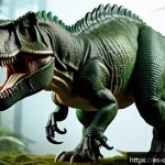 공룡메카드 공룡 캐릭터별 특징 - A highly detailed, realistic Tyrannosaurus Rex Mecard toy figure standing in a dynamic pose, showcas...
