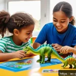 공룡메카드와 공룡 학습의 연계성 - A lively classroom scene showing children aged 6 to 8 years engaged in a hands-on dinosaur model-bui...