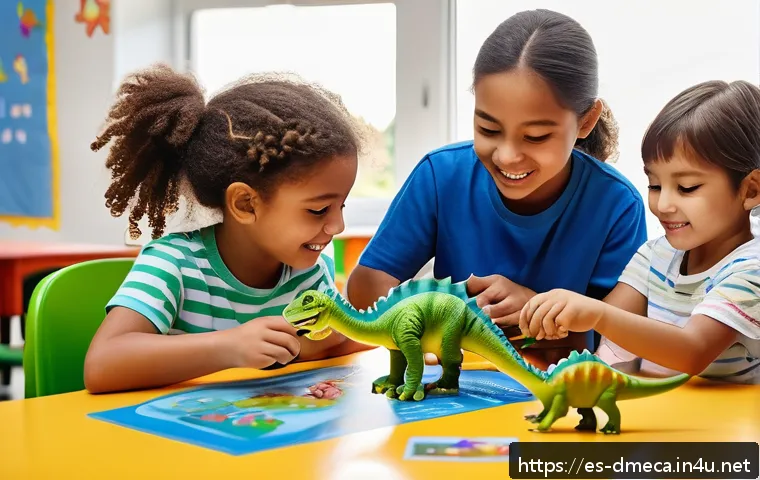 공룡메카드와 공룡 학습의 연계성 - A lively classroom scene showing children aged 6 to 8 years engaged in a hands-on dinosaur model-bui...