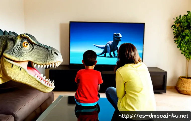 공룡메카드 인기 에피소드 분석 - Photorealistic family living room in a Spanish-speaking home, two children and their grandmother wat...